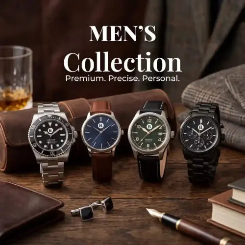 Four men's wristwatches displayed on a wooden table with a leather case, glasses, books, and a pen. Large text at the top reads 'MEN'S Collection' with the tagline 'Premium.