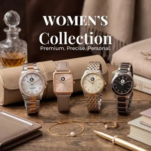 Four women's wristwatches displayed on a wooden table with rolled leather sleeves, a decanter, books, jewelry, and a pen. Large text reads 'WOMEN'S Collection' with smaller 'Premium.