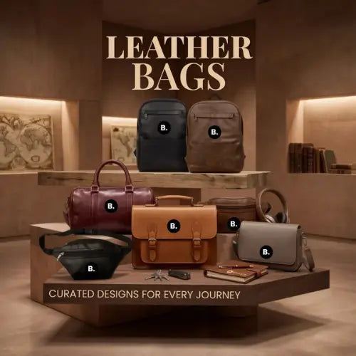 A collection of leather bags including backpacks, duffels, satchels, a shoulder bag, a belt bag, and a small pouch, displayed on wooden shelves in a warm, rustic interior. The bags feature monogram-style 'B.