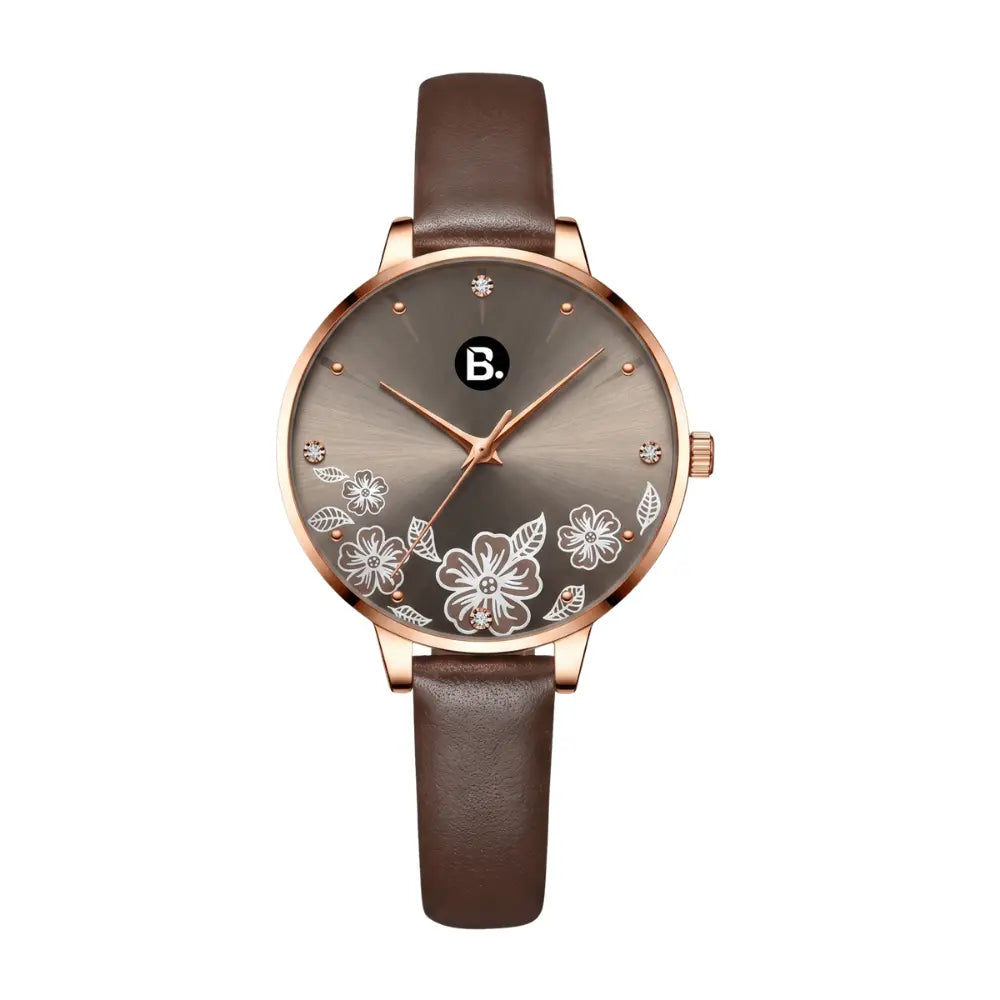 Elegant women's rose gold watch with floral pattern dial and brown leather strap.