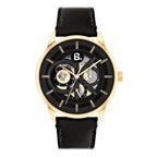 Luxury gold-tone watch with a black skeleton dial and black leather strap