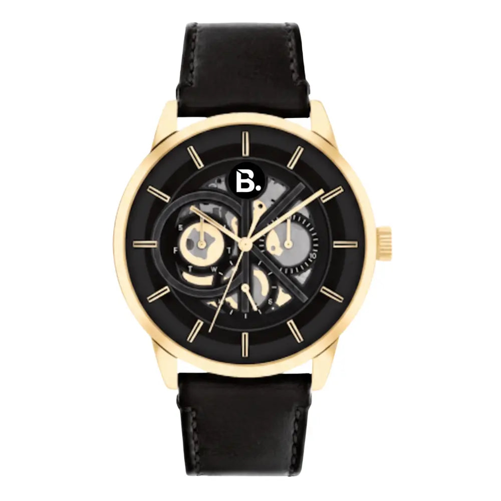 Luxury gold-tone watch with a black skeleton dial and black leather strap