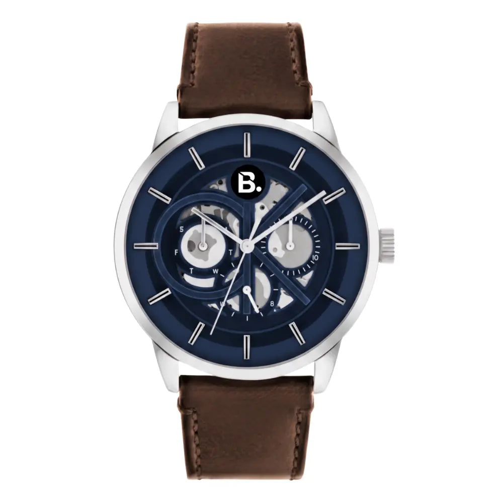 Men's wristwatch with a navy blue skeleton dial and brown leather strap