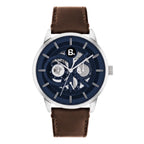Men's wristwatch with a navy blue skeleton dial and brown leather strap