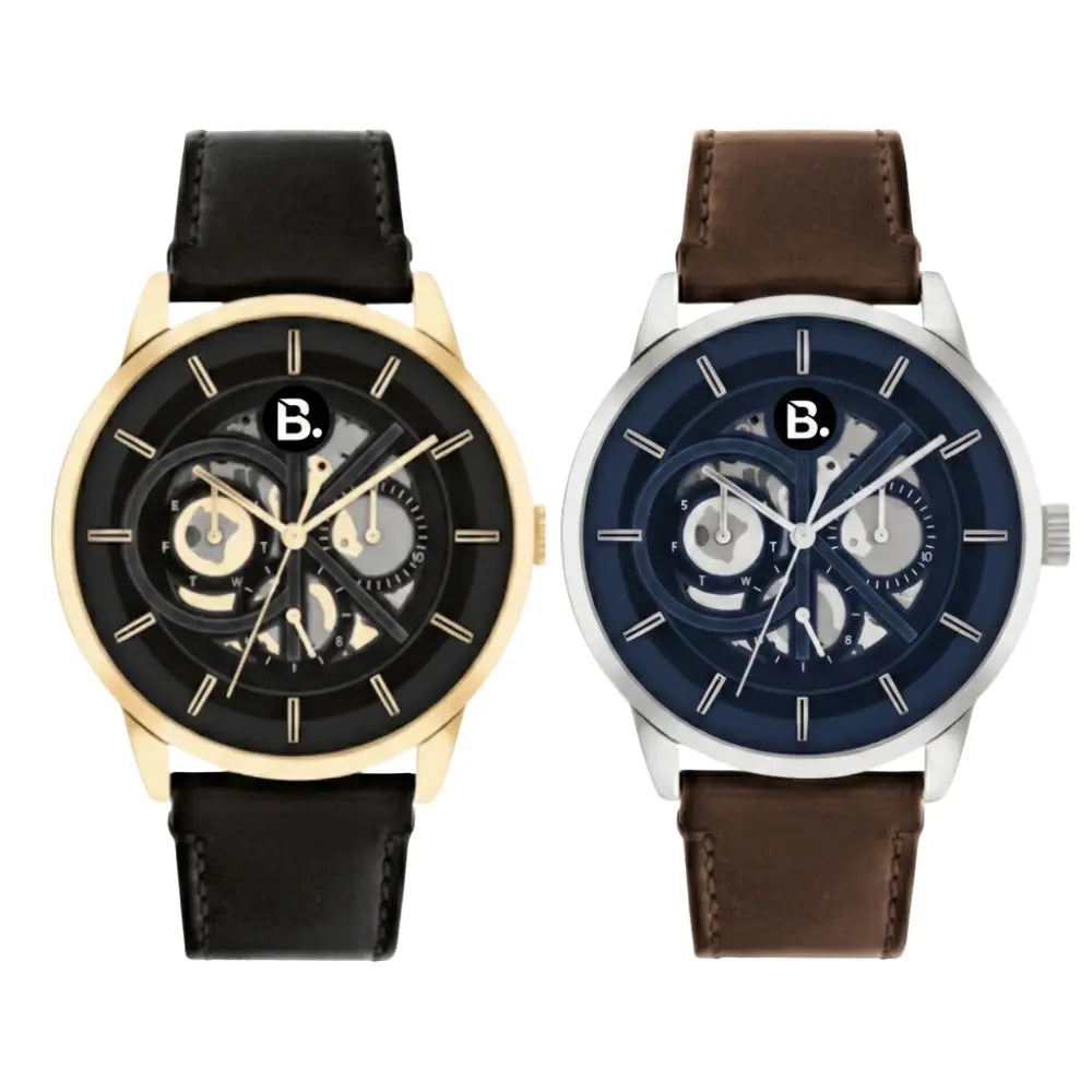 Two luxury men's wristwatches: one gold with a black dial and strap, one silver with a blue dial and brown leather strap.