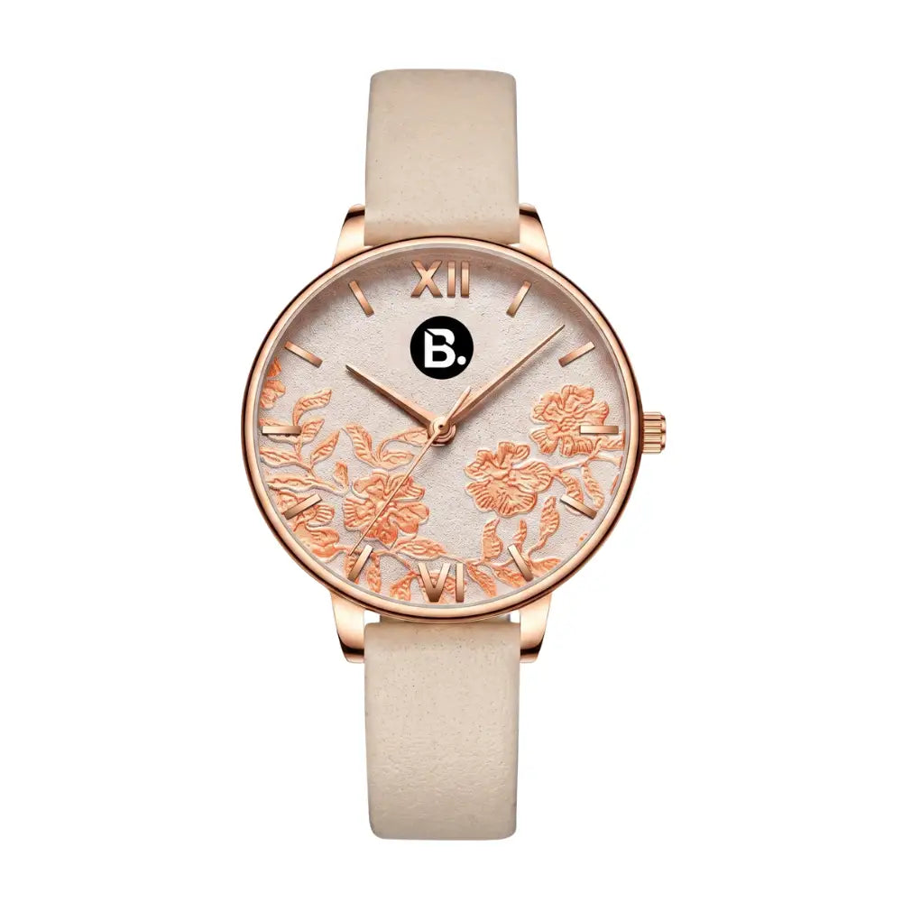 Elegant rose gold women's watch with floral pattern dial and beige leather strap.