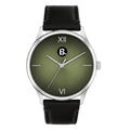 Elegant wristwatch with an olive green dial, Roman numerals, and a black leather strap.