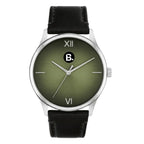 Elegant wristwatch with an olive green dial, Roman numerals, and a black leather strap.