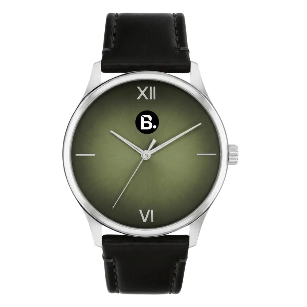Elegant wristwatch with an olive green dial, Roman numerals, and a black leather strap.