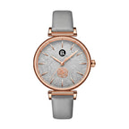 Rose gold women's watch with floral dial pattern and grey leather strap