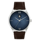 Analog watch with a deep blue dial, silver case, and brown leather strap
