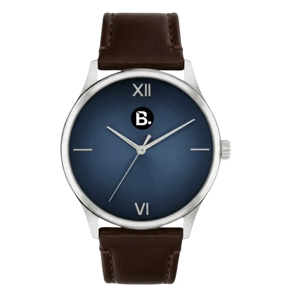 Analog watch with a deep blue dial, silver case, and brown leather strap