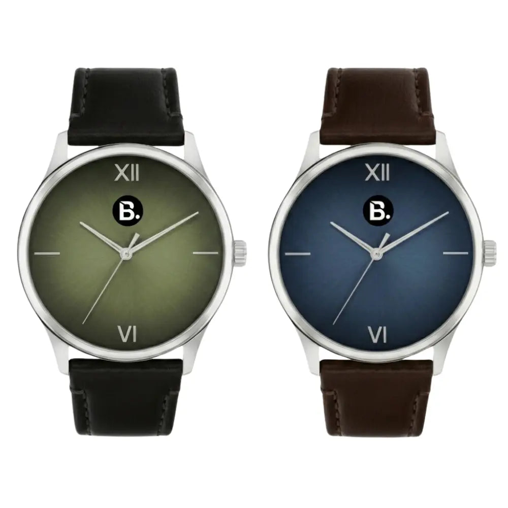 Two minimalist analog watches with leather straps, one olive green and one navy blue.