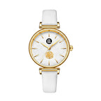 Elegant gold women's watch with white rose pattern dial and white leather strap.