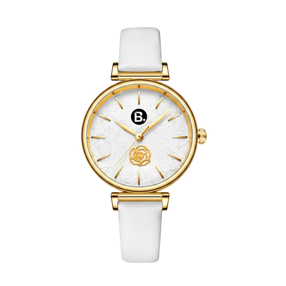 Elegant gold women's watch with white rose pattern dial and white leather strap.