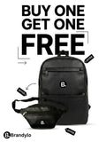 Buy one get one free offer on a black leather backpack and matching waist bag.