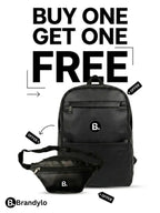 Buy one get one free offer on a black leather backpack and matching waist bag.