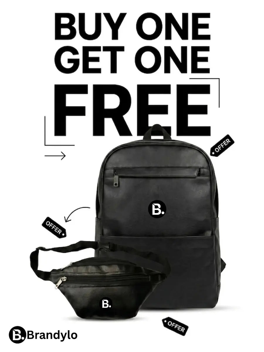 Buy one get one free offer on a black leather backpack and matching waist bag.