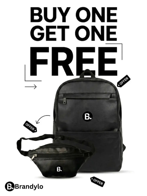 Buy one get one free offer on a black leather backpack and matching waist bag.