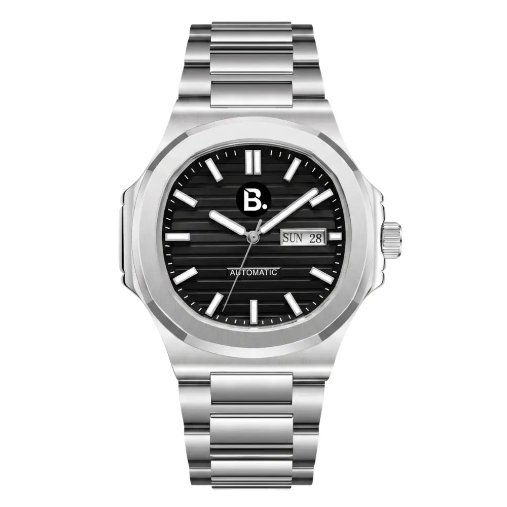 Silver automatic wristwatch with a black textured dial and integrated stainless steel bracelet