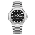 Silver automatic wristwatch with a black textured dial and integrated stainless steel bracelet