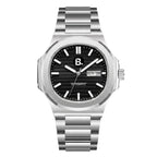 Silver automatic luxury wristwatch with a black textured dial and stainless steel bracelet
