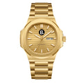 Luxury gold automatic wristwatch with a striped dial and day-date display
