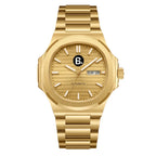 Luxury gold automatic wristwatch with a striped dial and day-date display