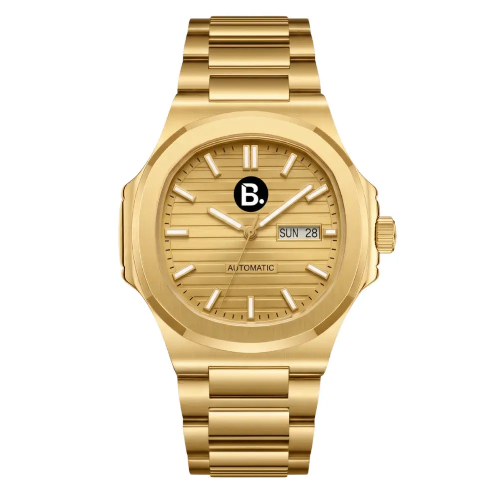 Luxury gold automatic wristwatch with a striped dial and day-date display