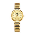 Elegant gold-tone analog wristwatch with a textured dial and metal link bracelet.