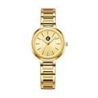 Elegant gold-tone analog wristwatch with a textured dial and metal link bracelet.