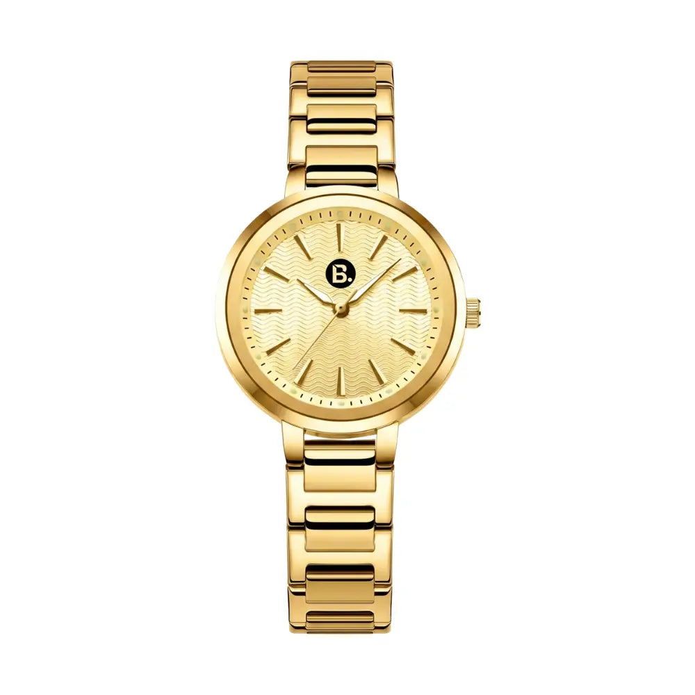 Elegant gold-tone analog wristwatch with a textured dial and metal link bracelet.