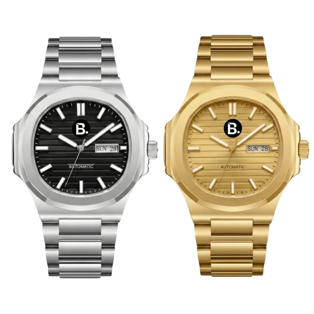 Luxury automatic men's watches in silver stainless steel and gold finish with textured dials.