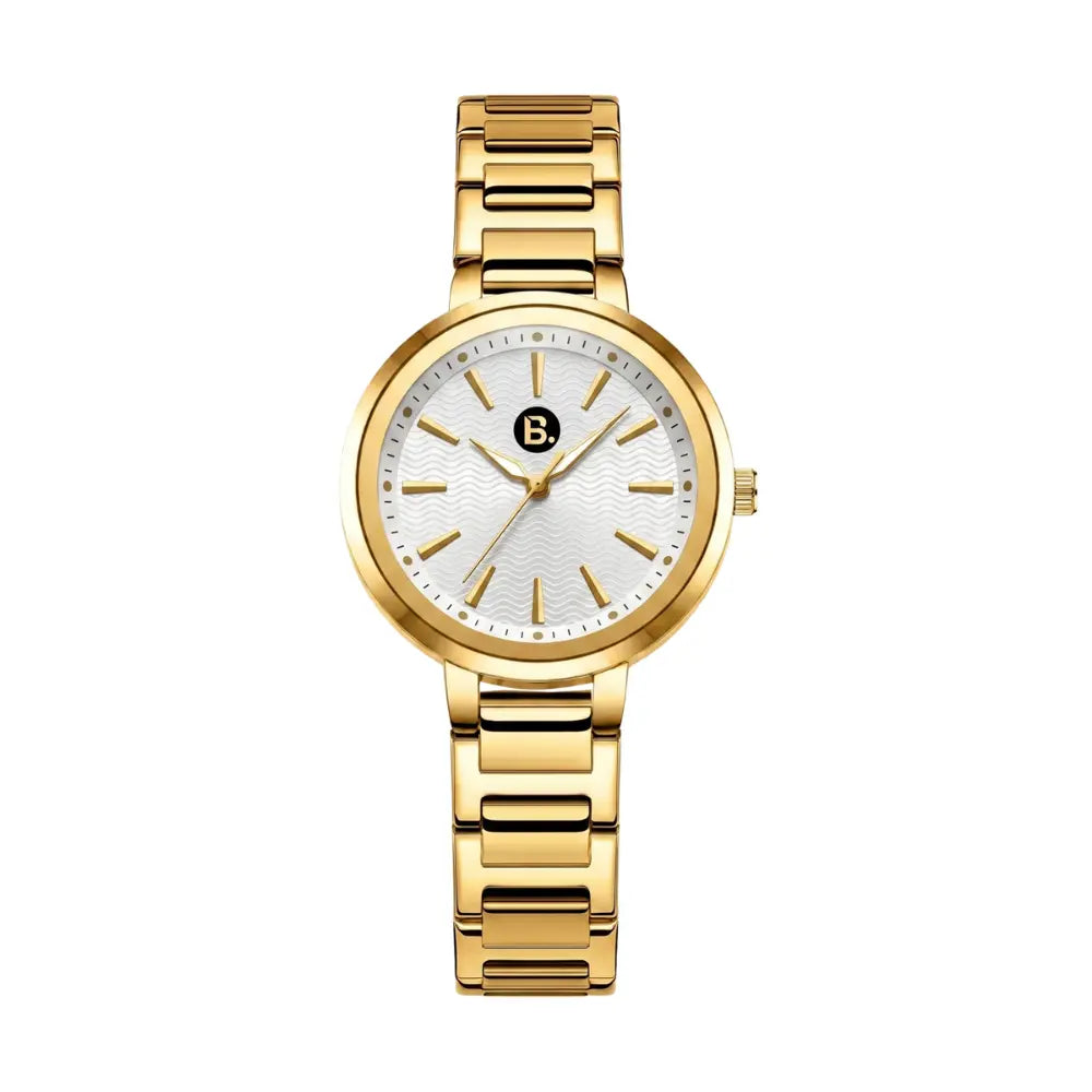 Elegant gold wristwatch with a white textured dial and matching metal link bracelet.