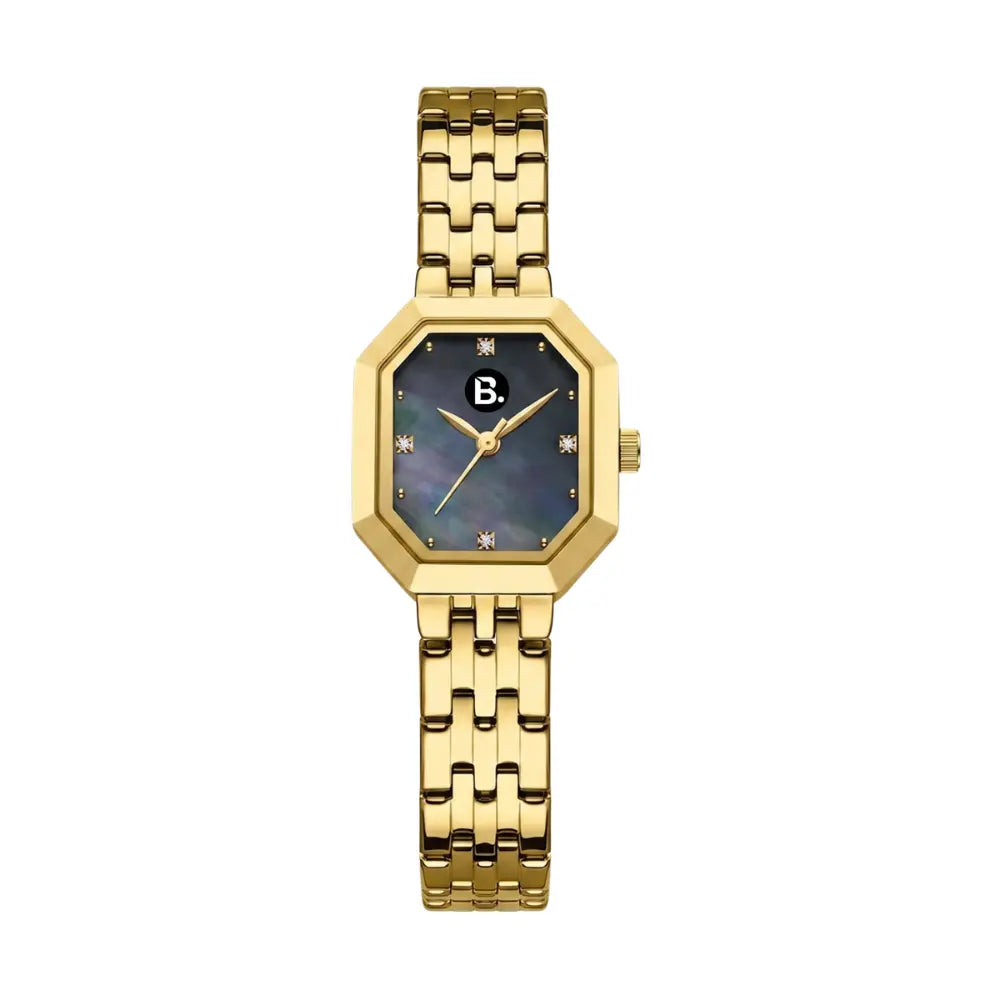 Elegant gold octagonal wristwatch with a dark mother-of-pearl dial and B logo.