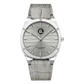 Silver quartz wristwatch with a light grey crocodile leather strap and minimalist dial.