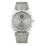 Silver quartz wristwatch with a light grey crocodile leather strap and minimalist dial.