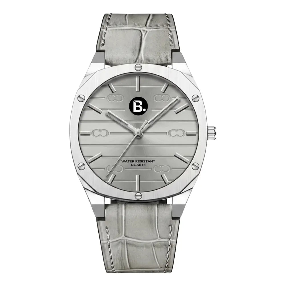 Silver quartz wristwatch with a light grey crocodile leather strap and minimalist dial.