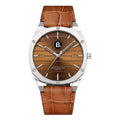 Elegant men's quartz watch with a brown textured dial and tan leather strap.