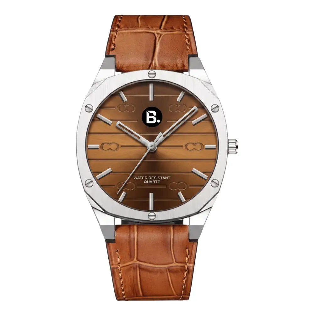 Elegant men's quartz watch with a brown textured dial and tan leather strap.
