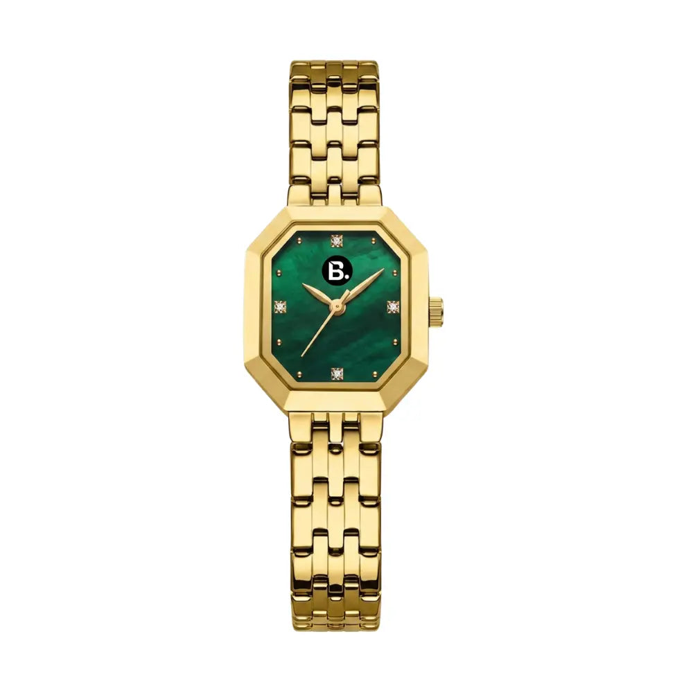 Elegant gold women's watch with an octagonal green malachite dial and B logo.