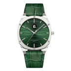 Elegant green dial quartz watch with silver case and green crocodile leather strap.