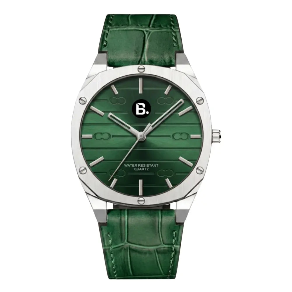 Elegant green dial quartz watch with silver case and green crocodile leather strap.