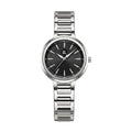 Silver stainless steel wristwatch with a black textured dial and B logo.