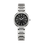 Silver stainless steel wristwatch with a black textured dial and link bracelet.