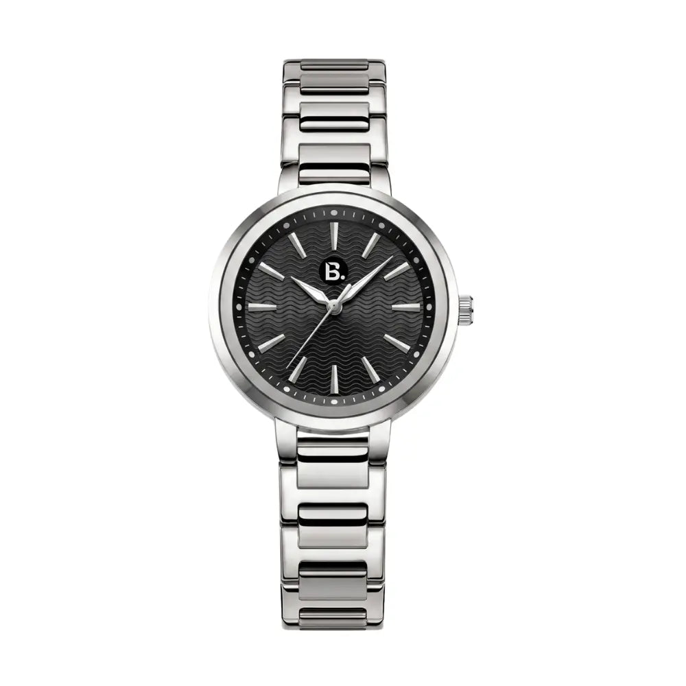 Silver stainless steel wristwatch with a black textured dial and link bracelet.