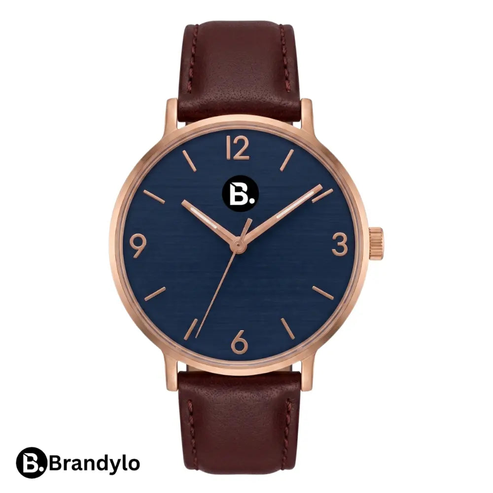 Brandylo men's minimalist watch with navy blue dial, rose gold case, and brown leather strap