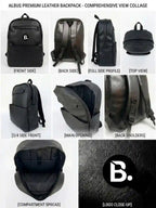 Albus premium black leather backpack collage showing front, back, side, and interior views.