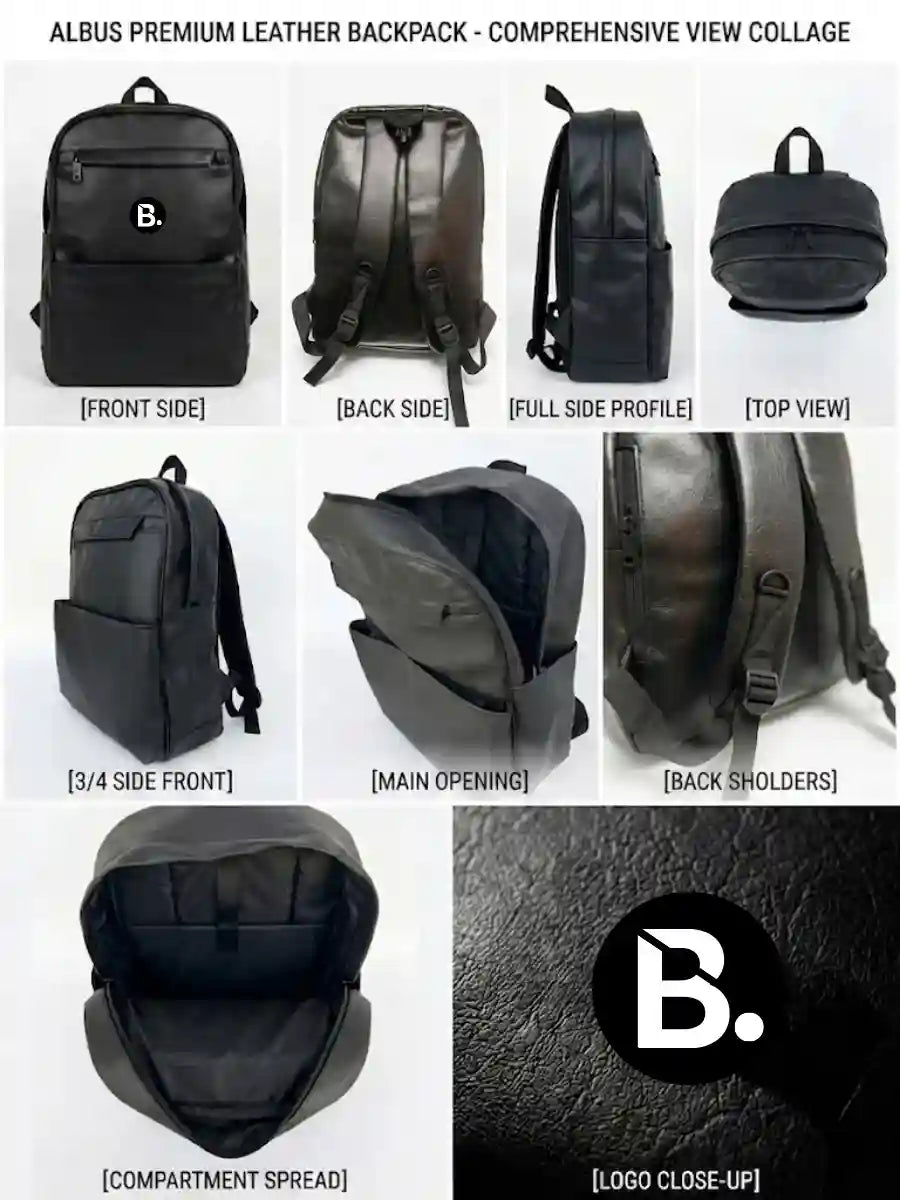 Albus premium black leather backpack collage showing front, back, side, and interior views.