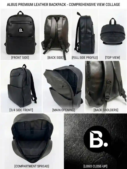 Albus premium black leather backpack collage showing front, back, side, and interior views.